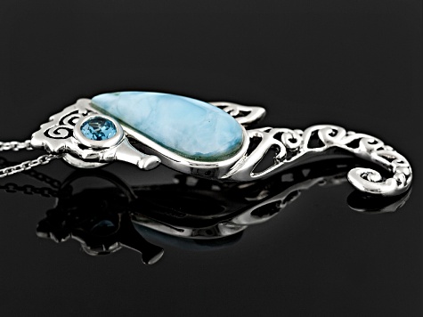 Larimar Cabochon With Blue Topaz .50ct Sterling Silver "Seahorse" Pendant With Chain
