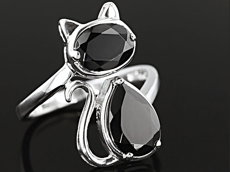 Black Spinel Rhodium Over Sterling Silver Cat Ring 3.36ctw