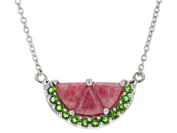 Picture of Red Rhodonite Rhodium Over Sterling Silver Watermelon Necklace 0.29ctw