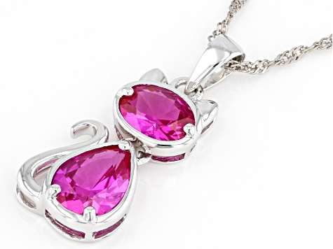 Pink Lab Created Sapphire Rhodium Over Sterling Silver Cat Pendant With Chain 3.45ctw