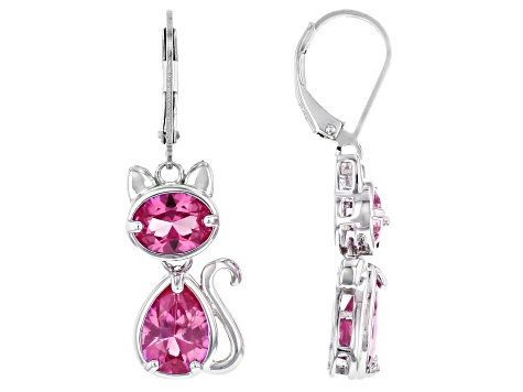 Pink Lab Created Sapphire Rhodium Over Sterling Silver Cat Earrings 6.90ctw