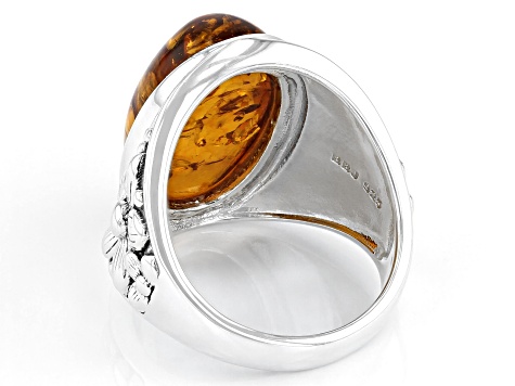 Orange Amber Rhodium Over Sterling Silver Ring