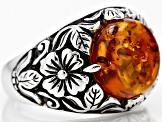 Orange Amber Rhodium Over Sterling Silver Ring