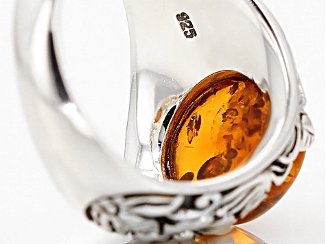 Orange Amber Rhodium Over Sterling Silver Ring