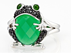 Green Onyx Rhodium Over Sterling Silver Frog Ring .42ctw