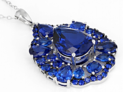 Blue lab spinel rhodium over sterling silver pendant with chain 7.55ctw