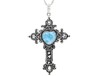 Picture of Blue Larimar Rhodium Over Sterling Silver Cross Pendant With Chain