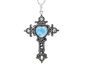 Blue Larimar Rhodium Over Sterling Silver Cross Pendant With Chain