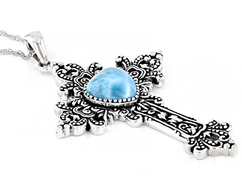 Blue Larimar Rhodium Over Sterling Silver Cross Pendant With Chain