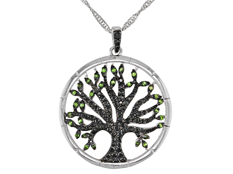 Black Spinel Rhodium Over Sterling Silver Tree Of Life Pendant With Chain .64ctw