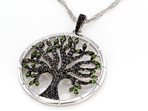 Black Spinel Rhodium Over Sterling Silver Tree Of Life Pendant With Chain .64ctw