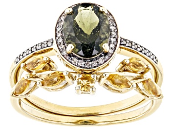 Picture of Green Moldavite 18k Yellow Gold Over Silver Set of 2 Rings 1.62ctw