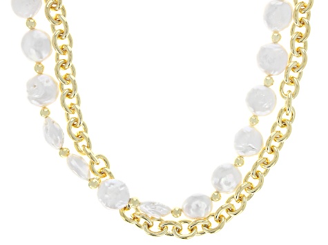 White Cultured Freshwater Pearl 18k Yellow Gold Over Brass Double Strand Necklace