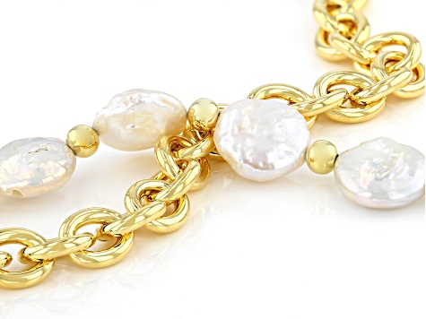 White Cultured Freshwater Pearl 18k Yellow Gold Over Brass Double Strand Necklace