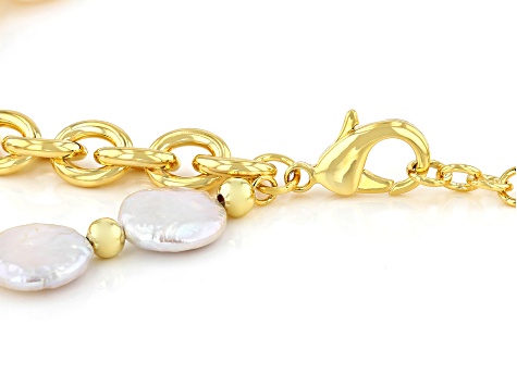 White Cultured Freshwater Pearl 18k Yellow Gold Over Brass Double Strand Necklace