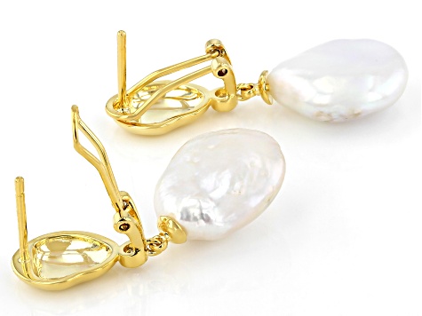 White Cultured Freshwater Pearl 18k Yellow Gold Over Brass Dangle Earrings