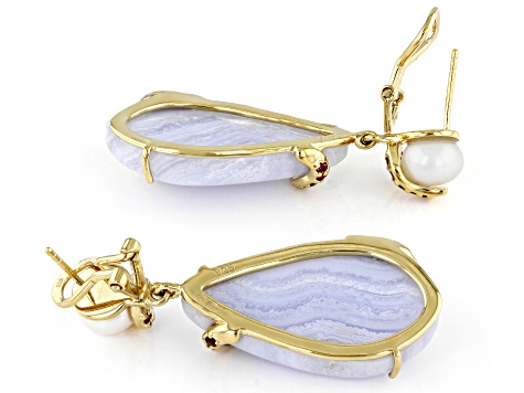 Blue Lace Agate 18k Yellow Gold Over Silver Earrings 34x18mm
