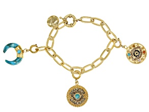 Multi Stone 18k Yellow Gold Over Brass 3-Charm Bracelet