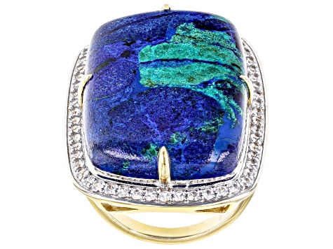 Blended Azurite and Malachite and White Zircon 18k Yellow Gold Over Silver Ring1.24ctw