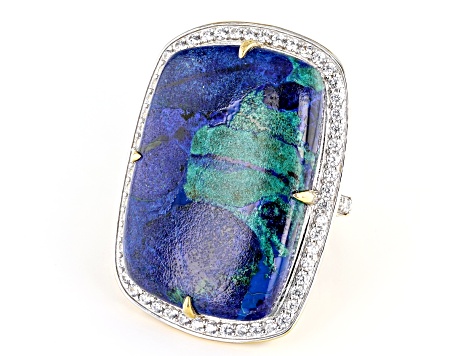 Blended Azurite and Malachite and White Zircon 18k Yellow Gold Over Silver Ring1.24ctw