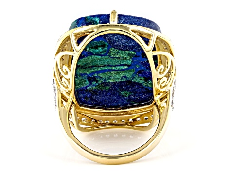Blended Azurite and Malachite and White Zircon 18k Yellow Gold Over Silver Ring1.24ctw
