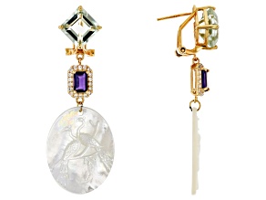 Mother-of-Pearl, Amethyst, Prasiolite, Zircon 18k Gold Over Silver Peacock Earrings 6.66ctw