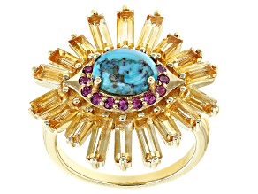 Blue Turquoise, Citrine, Rhodolite 18k Gold Over Silver Sunburst Evil Eye Ring 2.41ctw