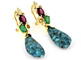 Blue Turquoise & Multi-Gem 18k Yellow Gold Over Silver Dangle Earrings 1.24ctw
