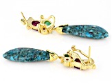 Blue Turquoise & Multi-Gem 18k Yellow Gold Over Silver Dangle Earrings 1.24ctw