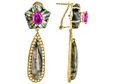 Gray Labradorite, Lab Pink Sapphire & Citrine 18k Yellow Gold Over Silver Floral Earrings 6.20ctw