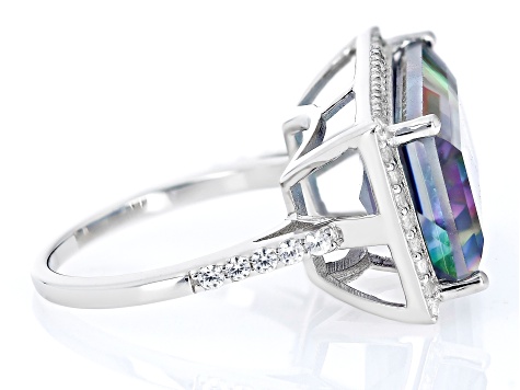 Multi-Color Peacock Quartz & White Zircon Rhodium Over Silver Ring 10.49ctw