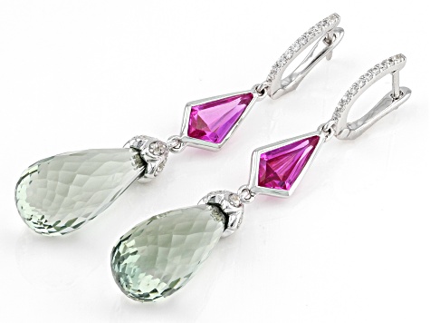 Green Prasiolite, Lab Created Sapphire & Zircon Rhodium Over Silver Earrings 25.02ctw