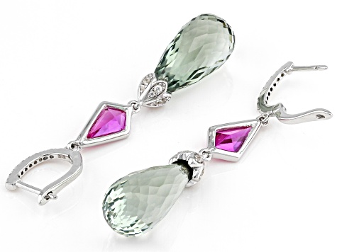 Green Prasiolite, Lab Created Sapphire & Zircon Rhodium Over Silver Earrings 25.02ctw