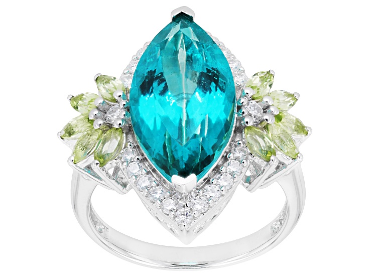 Blue Paraiba Color Topaz With Green Peridot & White Moissanite Rhodium Over Silver Ring 7.03ctw