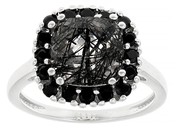 Black Tourmalinated Quartz Rhodium Over Sterling Silver Ring