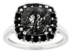 Black Tourmalinated Quartz Rhodium Over Sterling Silver Ring 0.54ctw