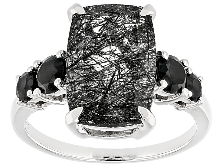 Black Tourmalinated Quartz Rhodium Over Sterling Silver Ring