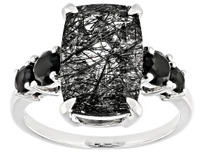 Black Tourmalinated Quartz Rhodium Over Sterling Silver Ring 0.76ctw