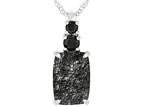 Black Tourmalinated Quartz Rhodium Over Sterling Silver Pendant with Chain 0.37ctw