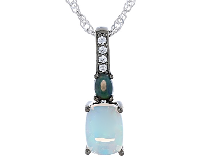 White Ethiopian Opal Black Rhodium, Rhodium Over Sterling Silver Pendant with Chain 0.99ctw