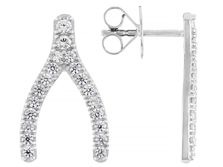 White Zircon Rhodium Over Sterling Silver Wishbone Earrings 0.75