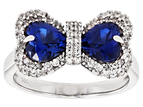 Blue Lab Created Sapphire Rhodium Over Sterling Silver Bow Ring 2.07ctw