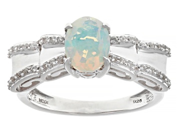 Picture of White Ethiopian Opal Rhodium Over Sterling Silver Bow Ring 0.97ctw
