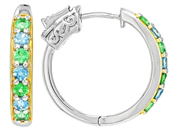 Picture of Blue Ofiki Aquamarine Rhodium & 18K Yellow Gold Over Silver Hoop Earrings 0.77ctw