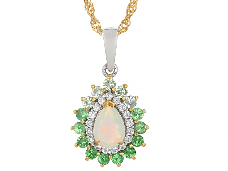 White Ethiopian Opal Rhodium And 18K Yellow Gold Over Silver Pendant with Chain 1.11ctw