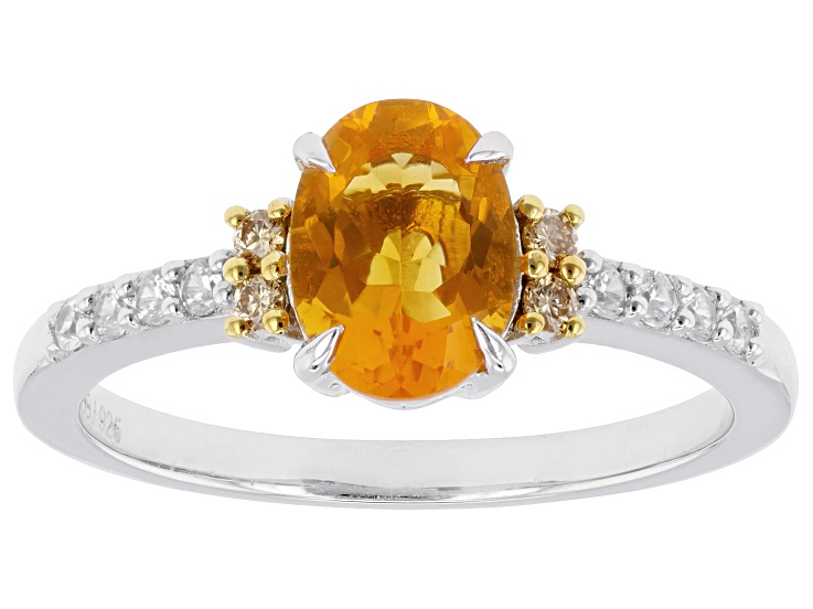 Orange Fire Opal with Lab Grown Diamond and Zircon Rhodium Over Silver Ring 1.13ctw