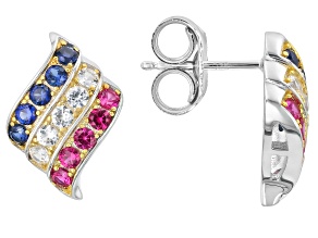 Blue Lab Created Sapphire Rhodium and 18K Yellow Gold Over Silver Earrings 1.29ctw