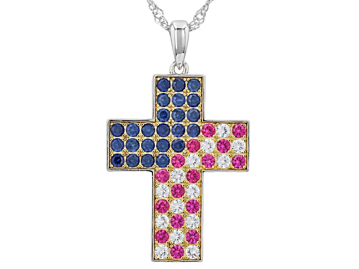 Blue Lab Created Sapphire Rhodium and 18K Yellow Gold Over Silver Pendant with Chain 2.30ctw