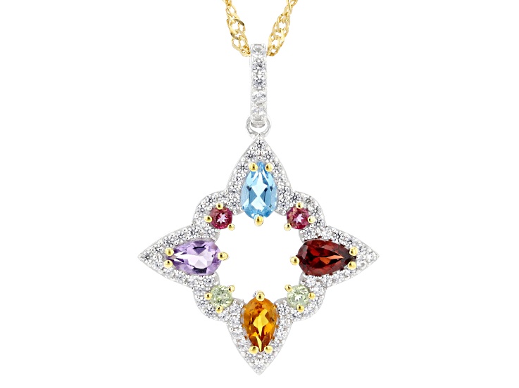 Multi-Gemstone Rhodium and 18K Yellow Gold Over Sterling Silver Pendant with Chain 1.39ctw