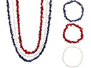 Lapis Lazuli With Coral & Cultured Freshwater Pearl Rhodium Over Silver Chip Necklace & Bracelet Set
